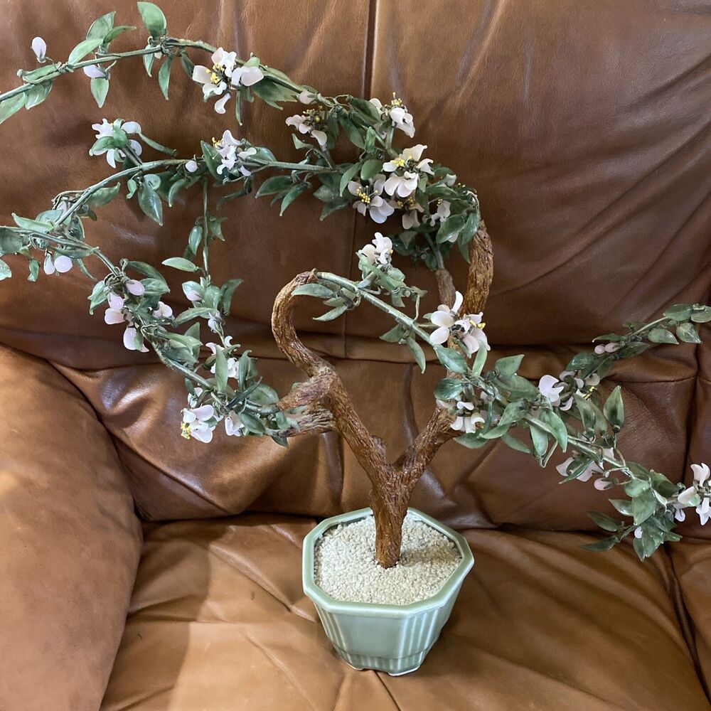 Xlarge Vintage Bonsai Jade Quartz Stone Glass Tree W/Celadon Pot